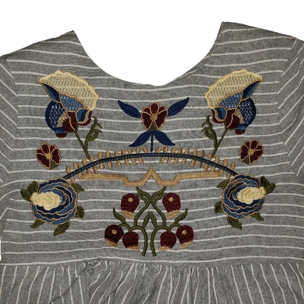 Orange Creek Gray Striped Floral Embroidered Dress Sz Medium Bell Sleeve Cotton - Picture 7 of 14